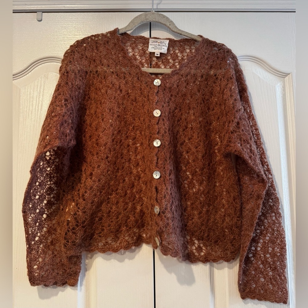 Susan Bristol Vintage Dark Mauve Hand Crocheted Cardigan - Size M